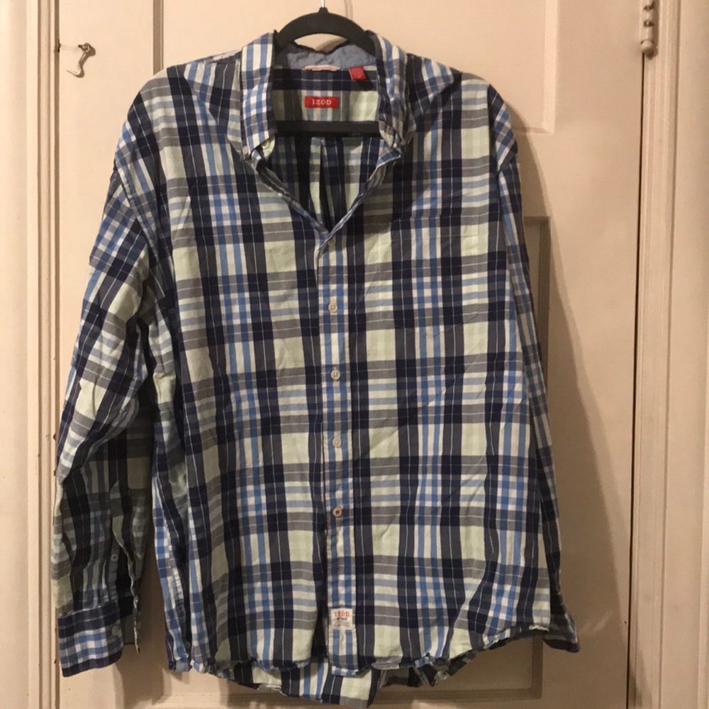 Blue, dark blue, green and white plaid shirt